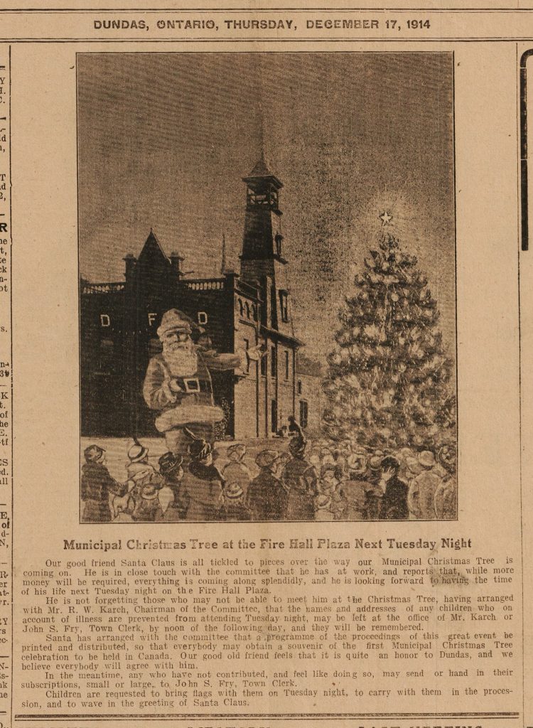 A brief blurb from the Dundas Star December 17th 1914, describing preparations for the first Christmas Tree Lighting Ceremony
