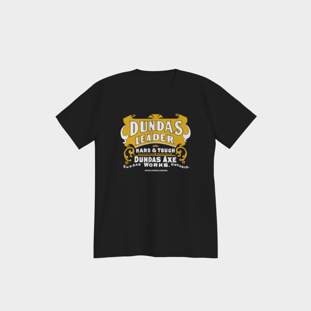 Black t-shirt with the gold and white "Dundas Leader" logo.