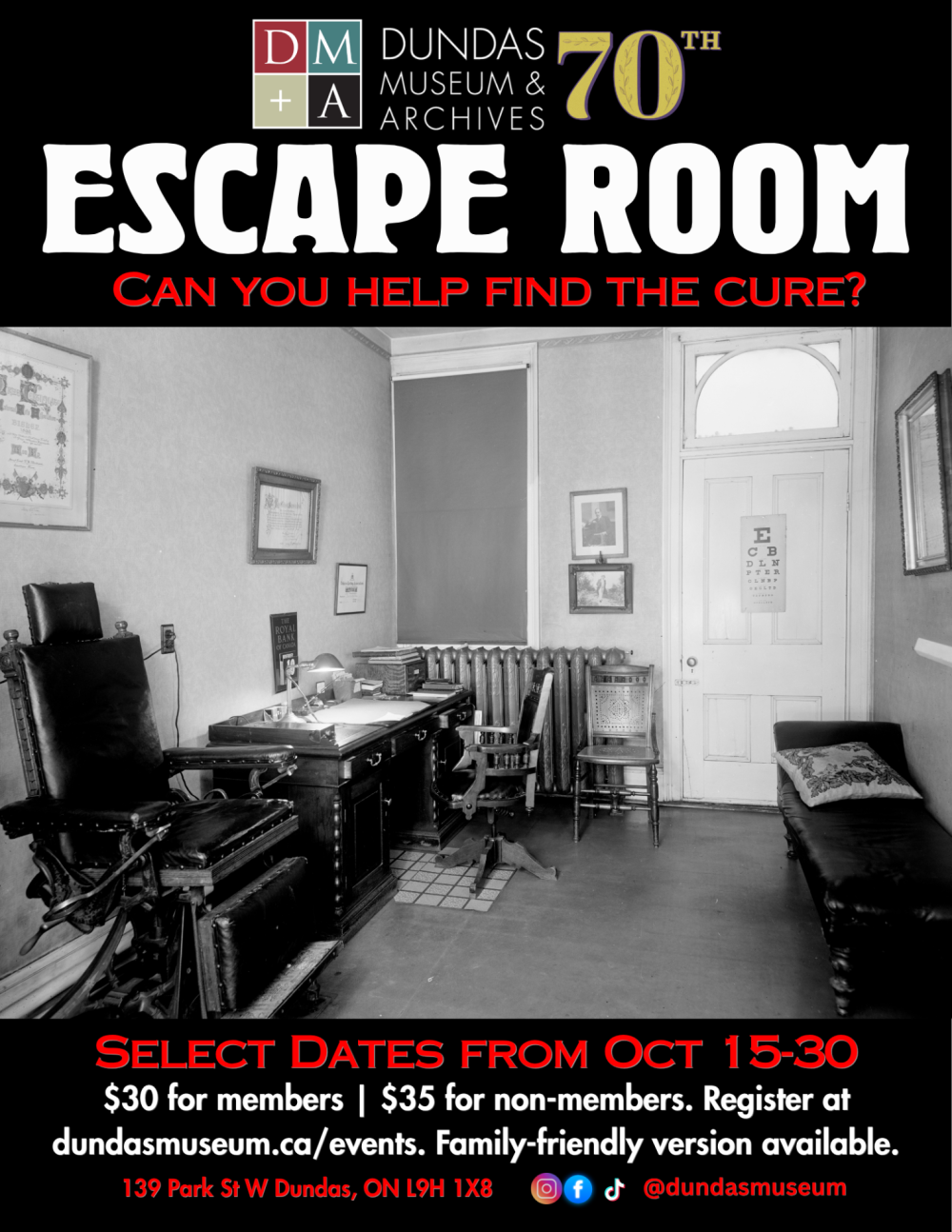 Escape Room 2026 poster - image of a creepy black and white victorian doctor's office
